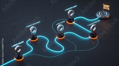 Business decision mapping concept with connected pathways representing strategic planning, customer journey and process optimization