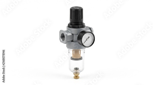 Pneumatic air filter regulator with pressure gauge industrial component for compressed air system maintenance isolated on white background