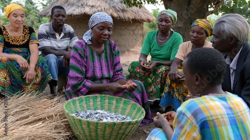 African villagers in discussion during a gathering around a basket of grain with a traditional hut in the background
