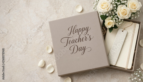 Happy teachers day gift box with a notebook, bookmark, and white roses on a textured surface
