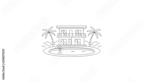 Beautiful line art sketch of a luxury two-story modern villa with swimming pool and flanking palm trees on white background.