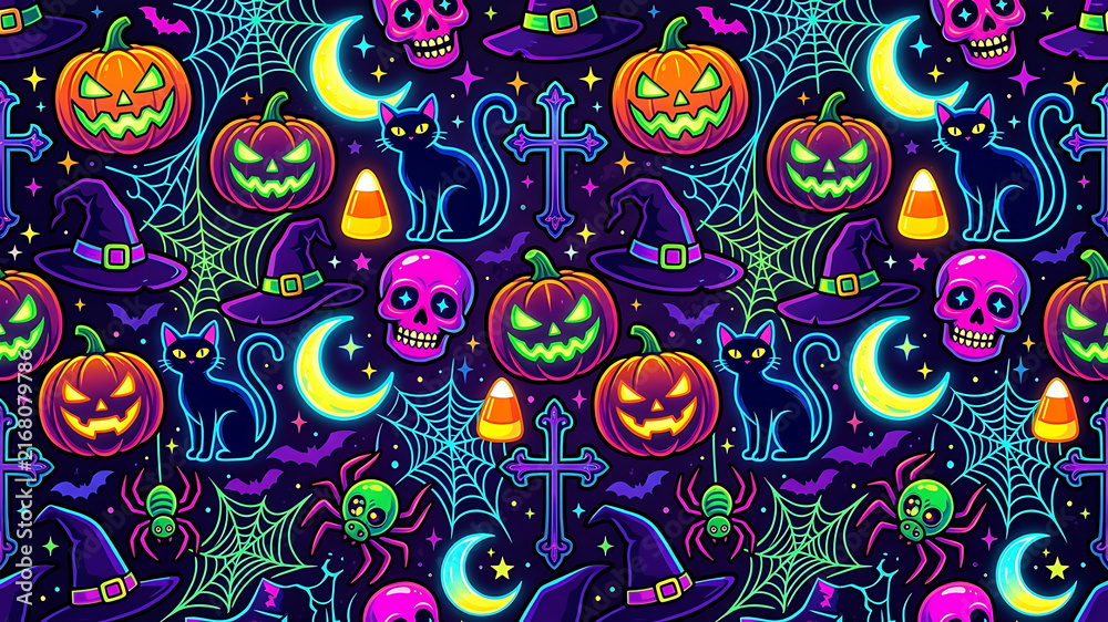 Fototapeta premium Halloween pumpkin jack-o-lantern faces glowing neon on dark spooky background for festive party decor