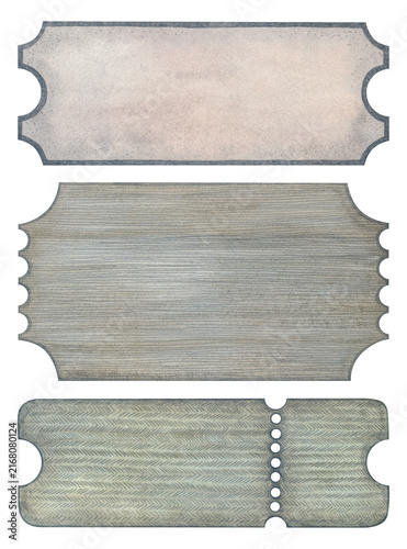 Hand painted watercolor blank ticket labels set with textured background and copy space. Isolated vintage banners for wedding invitations, greeting cards, scrapbooking, and packaging design.