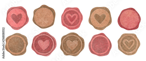 Hand drawn pencil illustration of wax seal in red, brown colors with romantic hearts. Design elements for wedding invitations, Valentine day greetings, packaging design, scrapbooking.