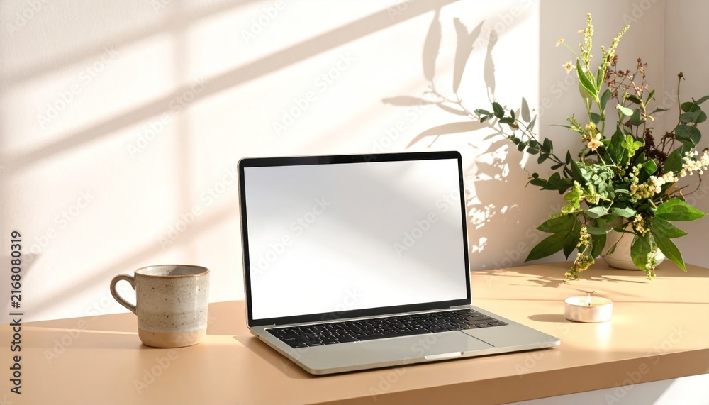 Fototapeta premium Open laptop mockup on sunny wooden desk with mug.