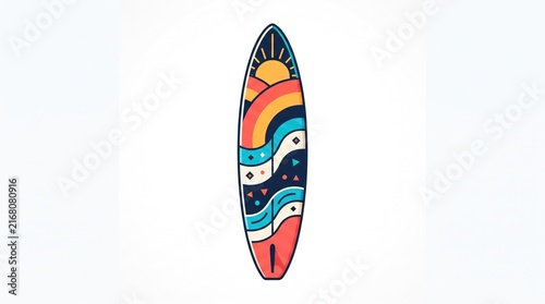 Colorful surfboard with abstract paint design isolated on a clean white background