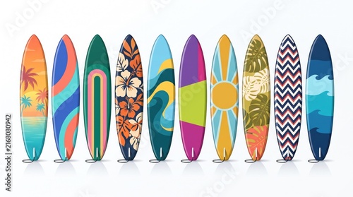 Colorful surfboards arranged in a row on a bright white background for summer