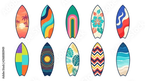 Collection of vibrant and colorful surfboards arranged in a neat grid pattern on white