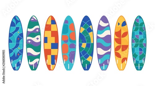 Colorful collection of patterned surfboards laid out in a neat horizontal row