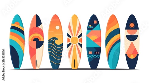 Colorful surfboards lined up against a white background displaying vibrant patterns