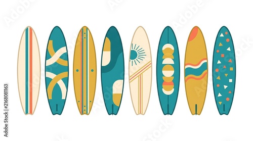 Colorful collection of uniquely patterned surfboards isolated on a white background
