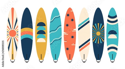 Collection of brightly colored and patterned surfboards on a white background