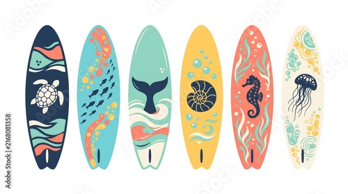 Colorful collection of surfboards with unique designs isolated on a white background