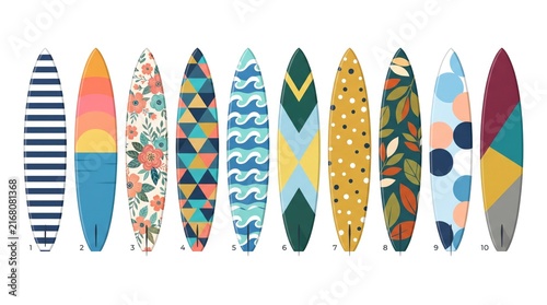 Collection of colorful surfboards isolated on a white background for summer designs