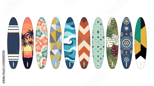 Colorful longboard skateboards lined up in a row against a white background