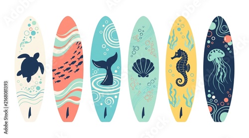 Colorful surfboard collection with ocean themed designs isolated on a white background