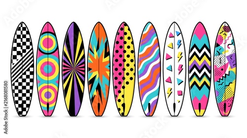 Colorful collection of uniquely patterned surfboards against a clean white background