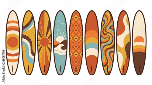 Collection of colorful vintage surfboards arranged in a row on a white background