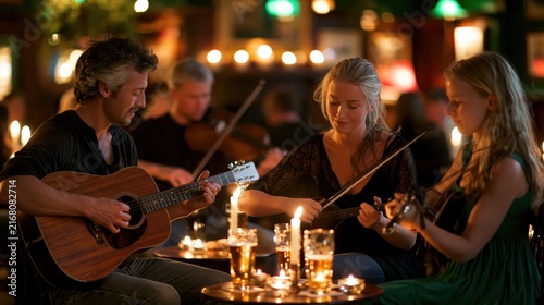 Musicians playing folk music with acoustic guitar and violins in a dimly lit pub with candles and beer
