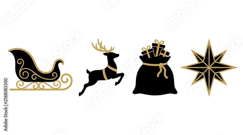 Black and gold Christmas silhouette icons for holidays.