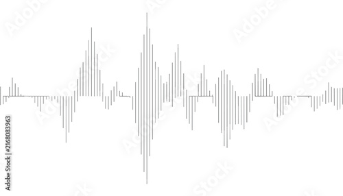 Digital audio soundwave or signal frequency graph visualization made of black vertical lines on a white background.