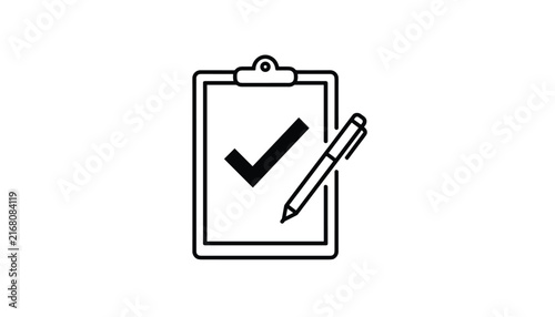 Minimalist clipboard checklist icon with a bold black checkmark and pen isolated on a plain white background.