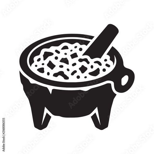 Black and white vector icon of a Mexican molcajete mortar and pestle with guacamole