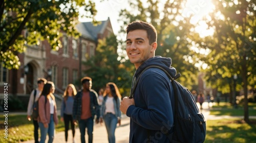 Confident college student wearing backpack smiling on university campus walkway surrounded by diverse classmates during warm autumn afternoon golden
