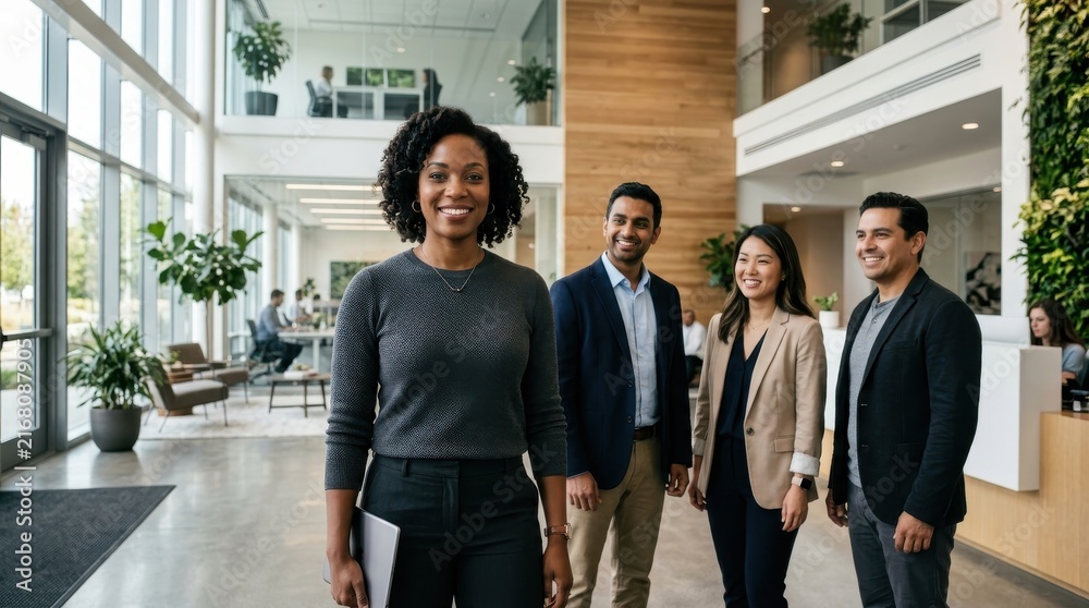 Fototapeta premium Confident diverse business team standing together in modern bright corporate lobby smiling and looking at camera for professional portrait shoot