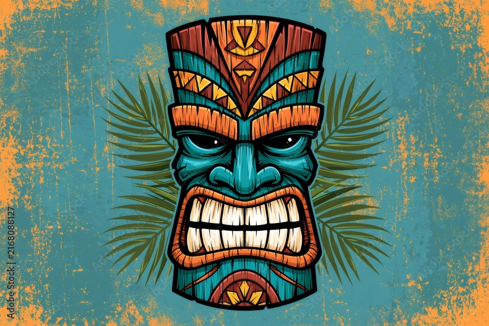 Fototapeta premium Tribal tiki mask with palm leaves background