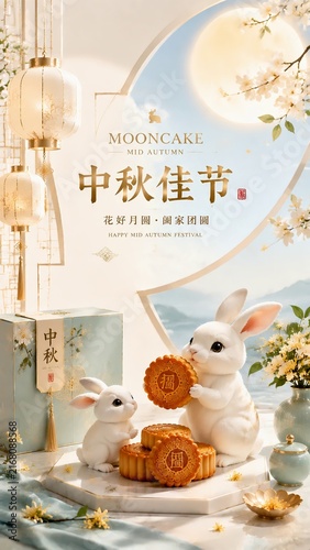Dreamy Mid Autumn Festival Background with Mooncake, Rabbits and Chinese Lantern Celebration.