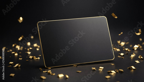 Blank black rectangular frame with gold trim surrounded by falling gold confetti on black background