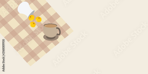 Flat lay vector background of nastar pineapple cookies spilled from a jar with a cup of hot coffee on a plaid tablecloth