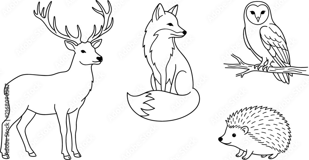 Naklejka premium Forest Animals Line Art Icon Set Featuring Deer Fox Owl and Hedgehog Illustrations for Kids Coloring Books Educational Media and Nature Graphic Designs