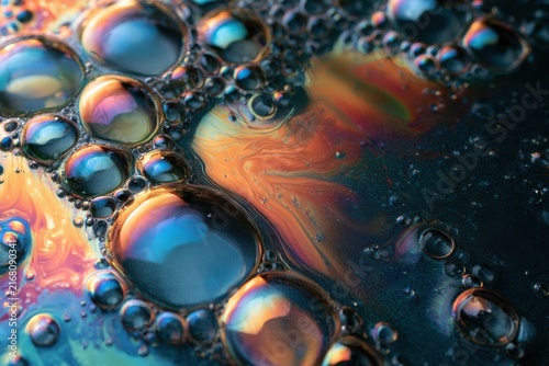 Soap bubbles creating a colorful abstract pattern with iridescent liquid texture