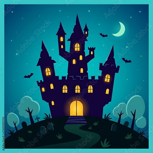 Spooky haunted castle at night with bats and crescent moon