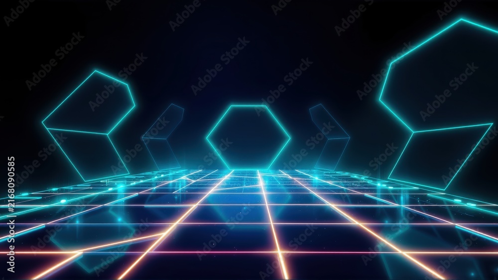 Fototapeta premium Neon grid extends toward horizon. Geometric shapes illuminate dark space. Futuristic aesthetic creates digital landscape.