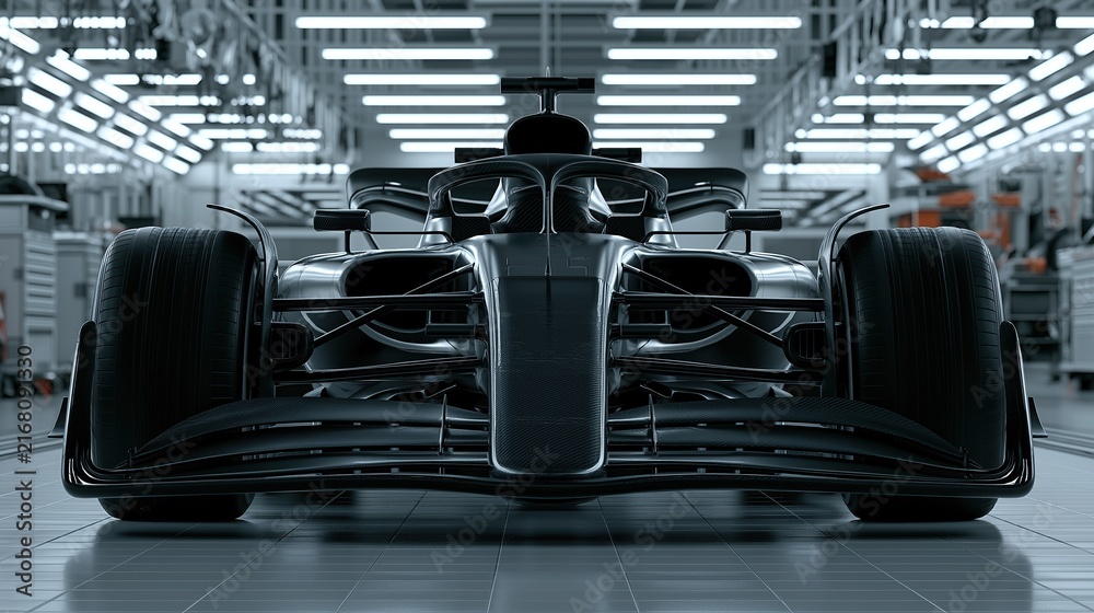 Fototapeta premium Straight front view of modern black carbon fiber formula one racing car parked inside bright workshop garage shows professional motorsport racing technology concept