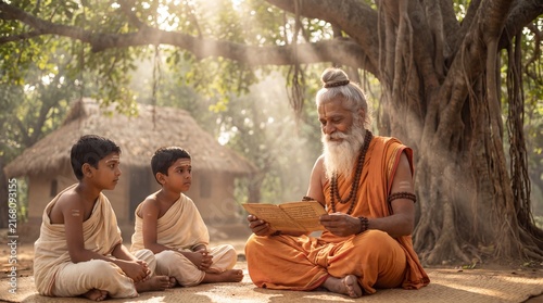 Maharishi Valmiki teaching the epic Ramayana to young Luv and Kush in a forest ashram, ancient Indian mythology, Valmiki Jayanti illustration