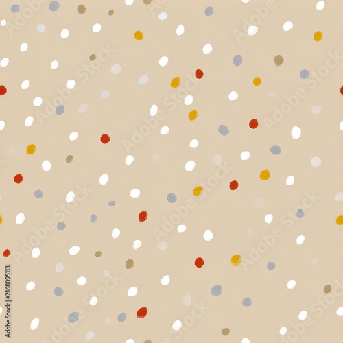 Beige polka dot pattern, abstract seamless background with small multicolor dots and soft neutral tone