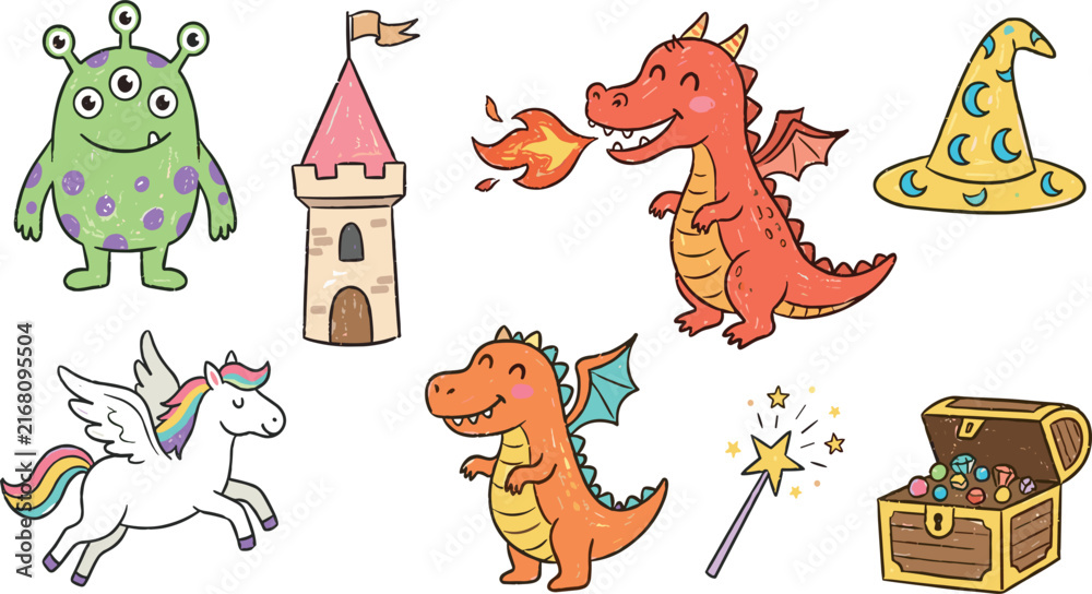 Naklejka premium Cute Hand Drawn Fantasy Vector Element Set with Dragons Unicorn Castle Monster Magic Wand and Treasure Chest for Kids Fairy Tale Designs