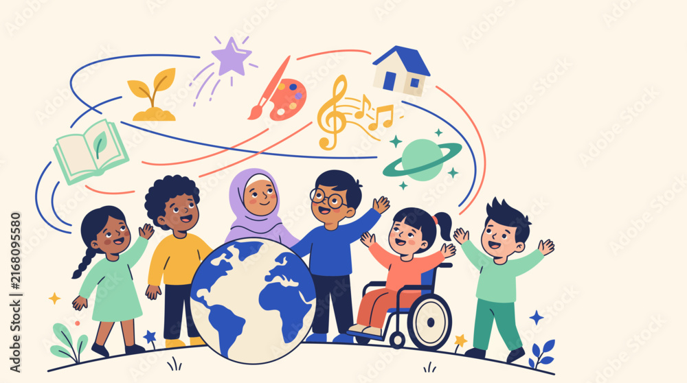 Fototapeta premium Diverse Group of Happy Children Celebrating Global Unity and Education with Educational Icons and Planet Earth Illustration