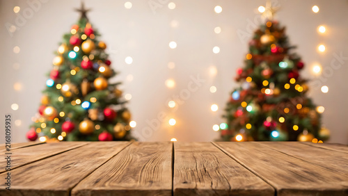 Cozy Christmas tree setup on wooden floor with warm bokeh lights and festive decorations