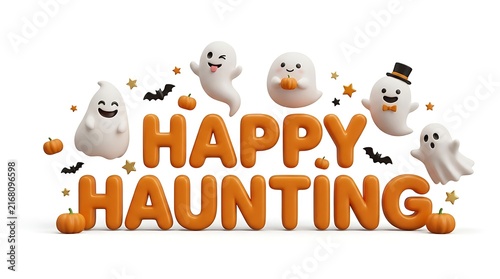 A festive halloween composition featuring cute cartoon ghosts and orange metallic balloons spelling out the phrase happy haunting isolated on a white background