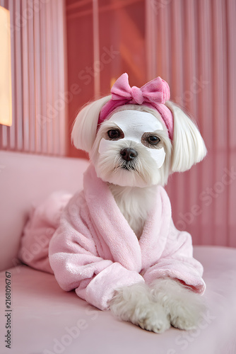 Cute Maltese dog in pink dressing gown with bow on head