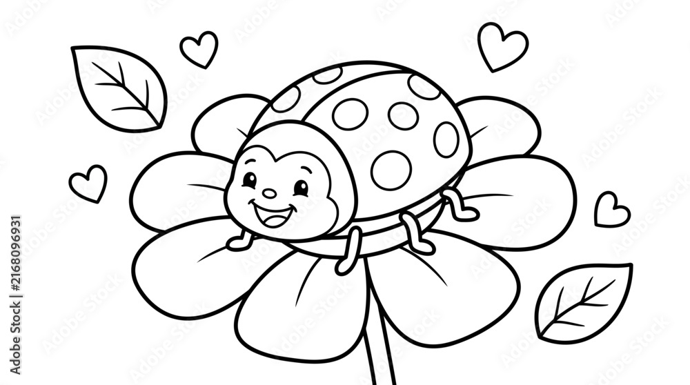 Fototapeta premium Cute cartoon ladybug drawing for children coloring book page vector illustration simple line art.