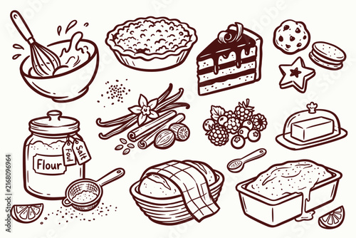 Hand drawn baking icons set, vintage kitchen doodle illustrations, rustic pastry and cake vector elements for bakery menus