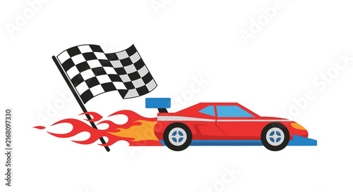 Racing car with checkered flag and flames. Red sports race car vector illustration. Motorsport emblem design element.