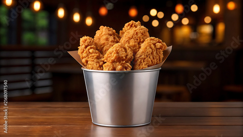 Golden crispy fried chicken pieces overflowing from a shiny metal bucket on wooden table