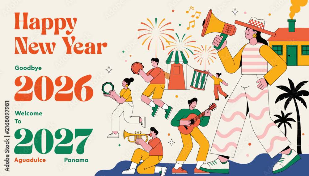 Fototapeta premium happy new year celebration with colorful characters and fireworks